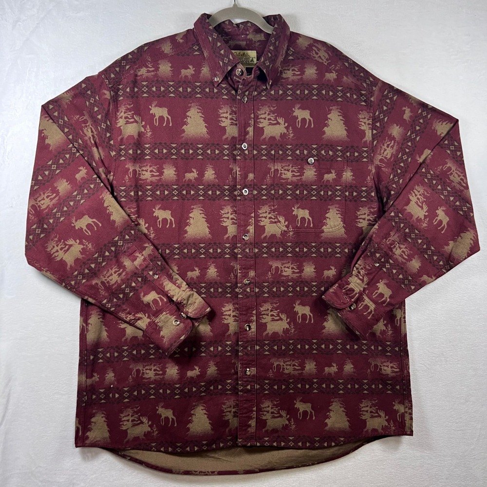 Cabelas Mens XL Tall Deerskin Soft Chamois Moose Tree Flannel Shirt Burgundy